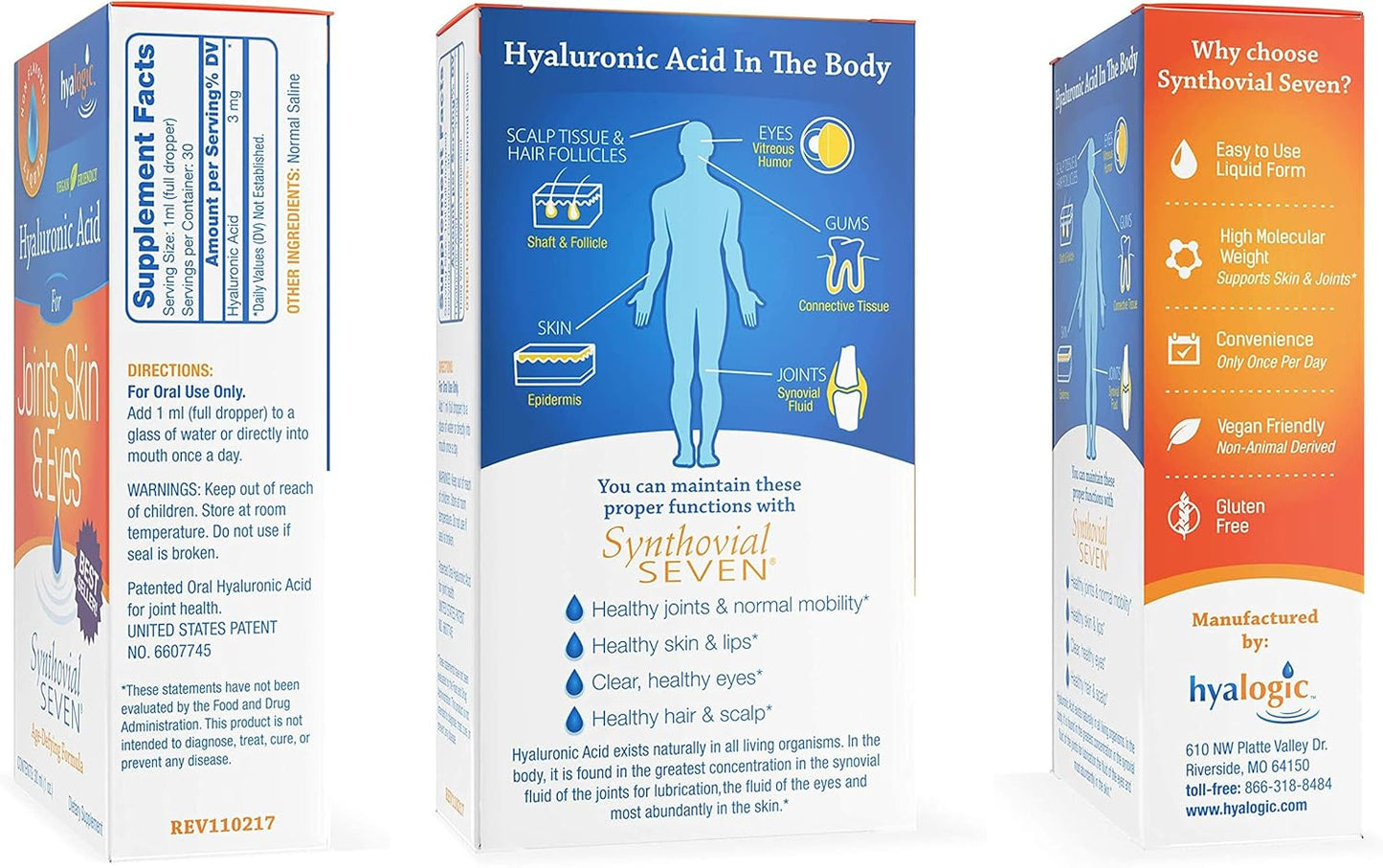 Hyalogic Synthovial Seven Oral Hyaluronic Acid Supplement 1oz with Bonus Lip Balm Stick - Hydration for Skin, Body, and Lips