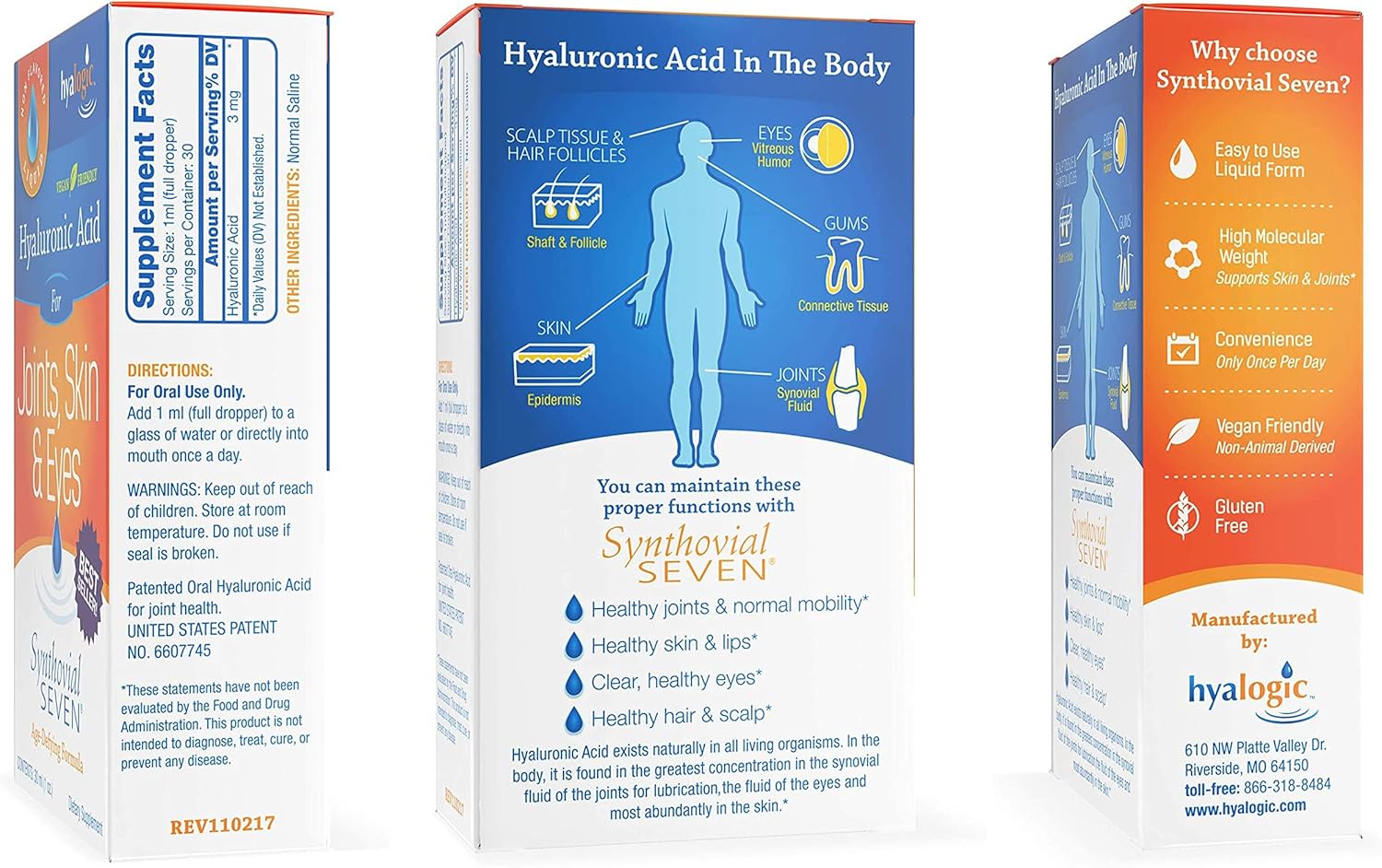 Hyalogic Synthovial Seven Oral Hyaluronic Acid Supplement 1oz with Bonus Lip Balm Stick - Hydration for Skin, Body, and Lips