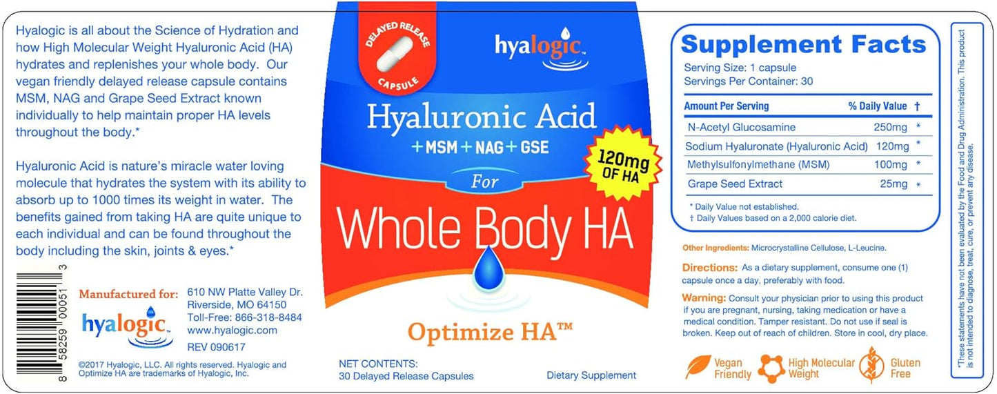 Hyaluronic Acid Combo Formula Capsules with Glucosamine MSM - Supports Healthy Joints, Eyes, Skin - Promotes Overall Body Health - Non-GMO - 30 Count