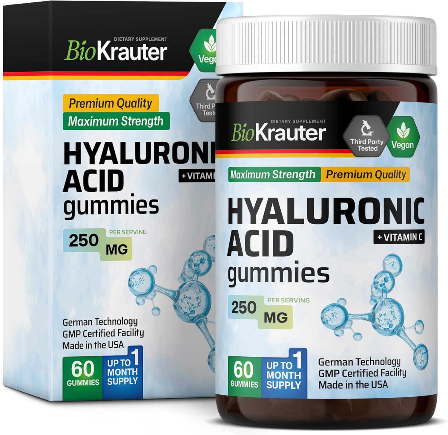 Hyaluronic Acid Gummies with Vitamin C - 250mg - 60 Vegan Chews - Bio Herbal Supplements
