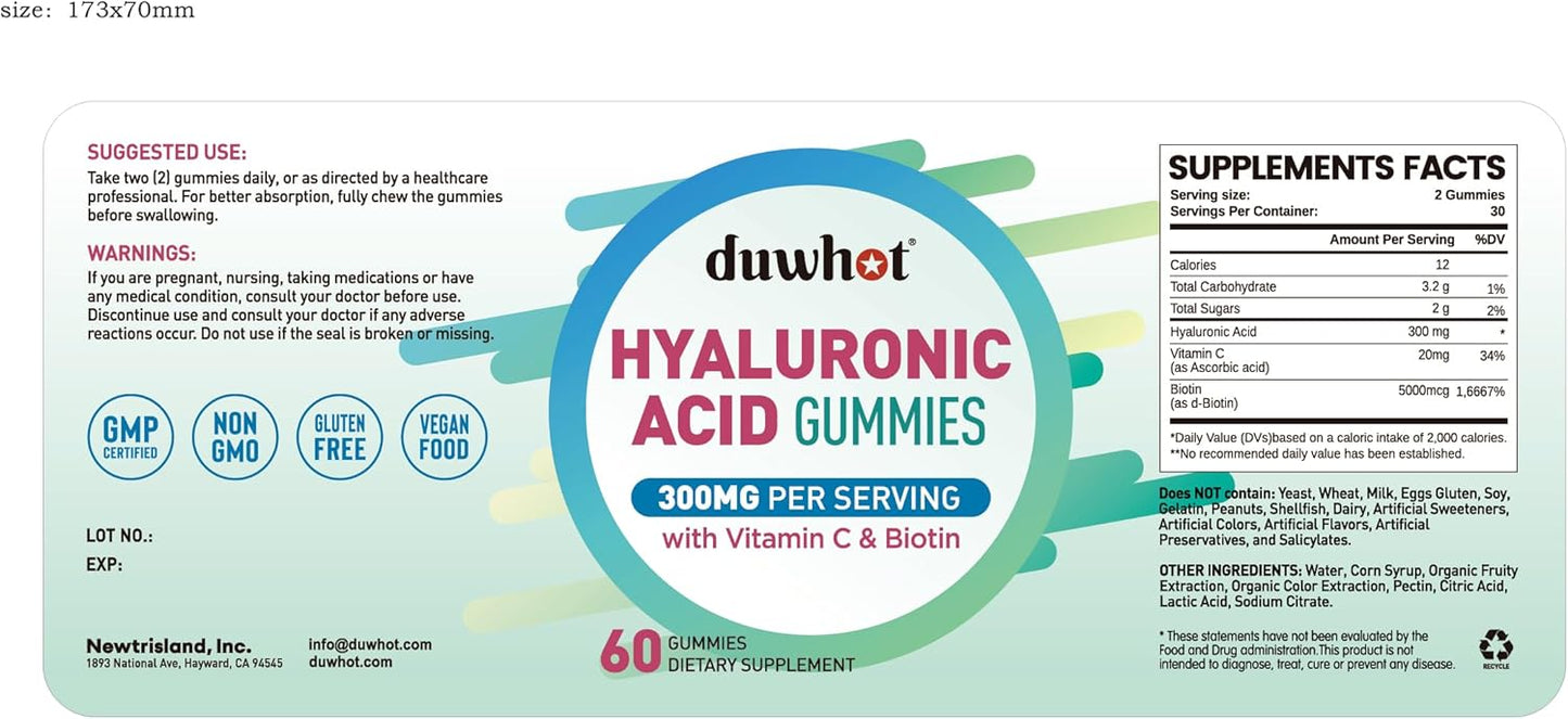 Hyaluronic Acid Gummies with Vitamin C & Biotin - 120 Chews, 5000mcg - Hyaluronic Acid Supplements
