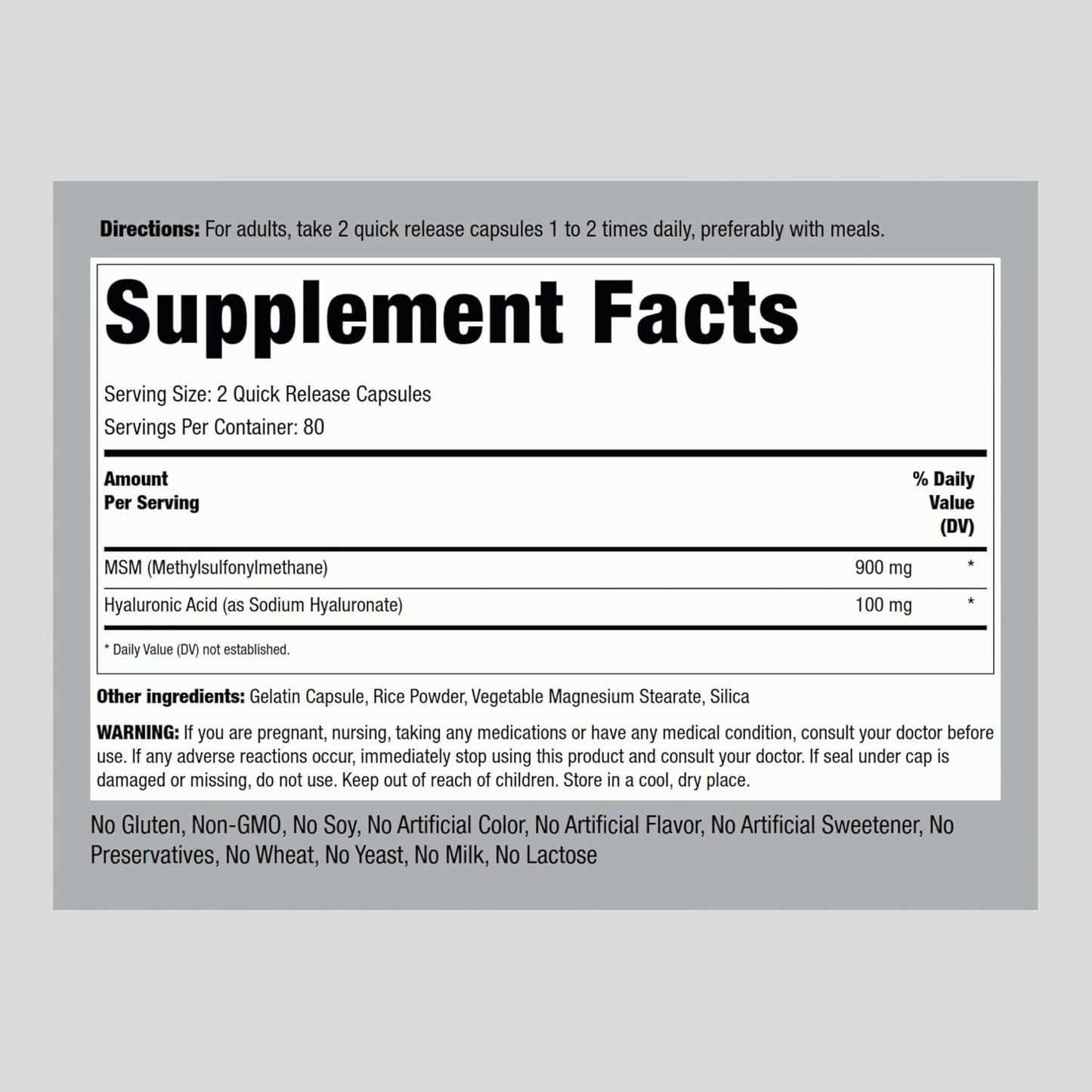 Hyaluronic Acid with MSM 1000mg Capsules - Non-GMO and Gluten Free Supplement by Piping Rock