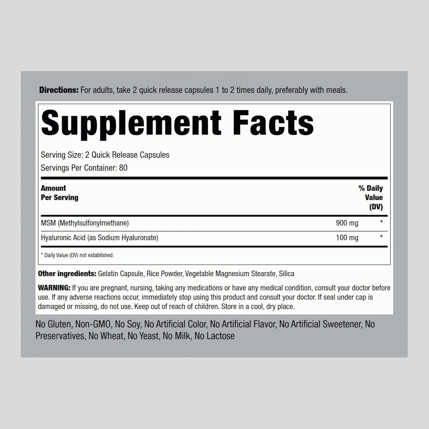 Hyaluronic Acid with MSM 1000mg Capsules - Non-GMO and Gluten Free Supplement by Piping Rock