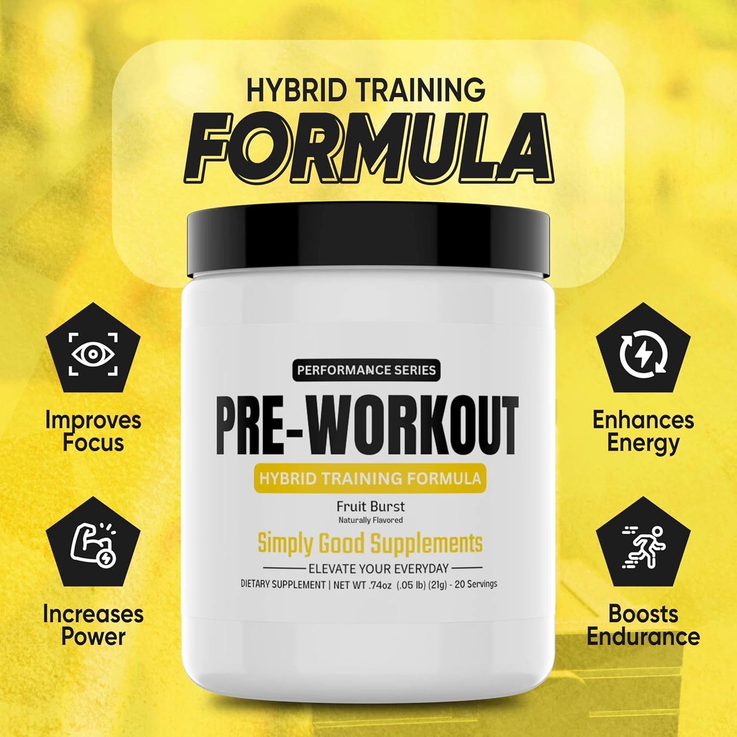 Hybrid Pre Workout Powder Supplement with 250mg Caffeine and Alpha GPC for Energy, Focus, and Endurance - 20 Servings for Men & Women