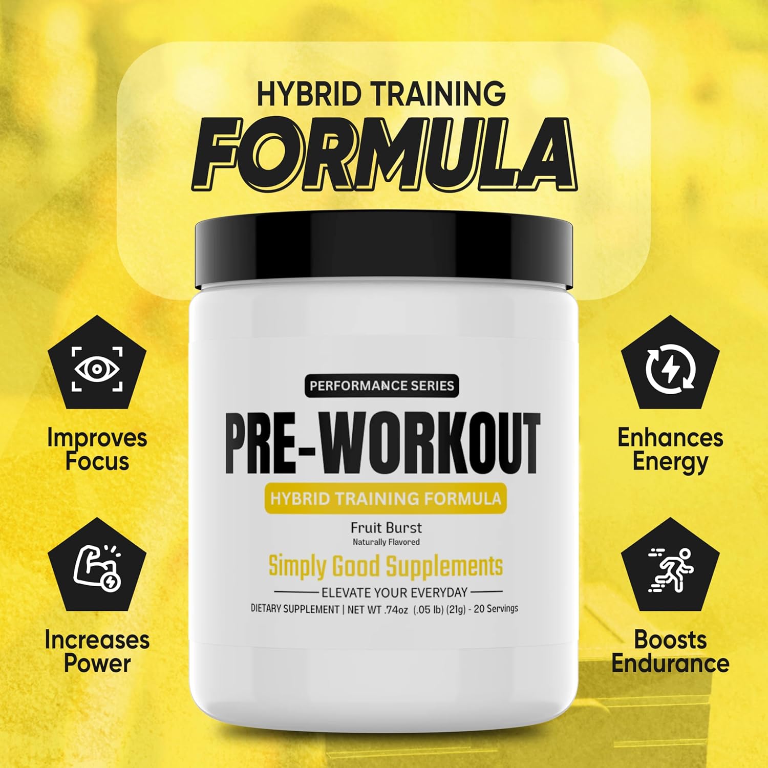 Hybrid Pre Workout Powder Supplement with 250mg Caffeine and Alpha GPC for Energy, Focus, and Endurance - 20 Servings for Men & Women