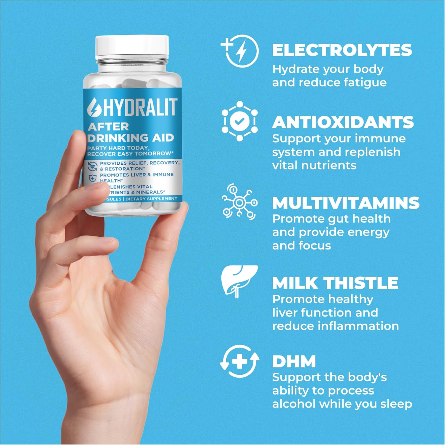 Hydralit After Drinking Aid Supplement - Electrolytes & DHM for Weekend Recovery & Liver Health Support - 120 Capsules