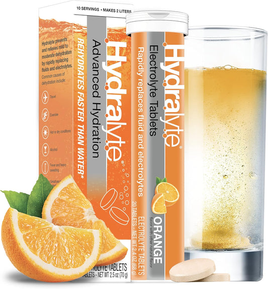 Hydralyte Electrolyte Tablets - Orange Flavor | Ideal for Bachelorette Parties, Workouts, and Travel | 10 Servings, 20 Tablets