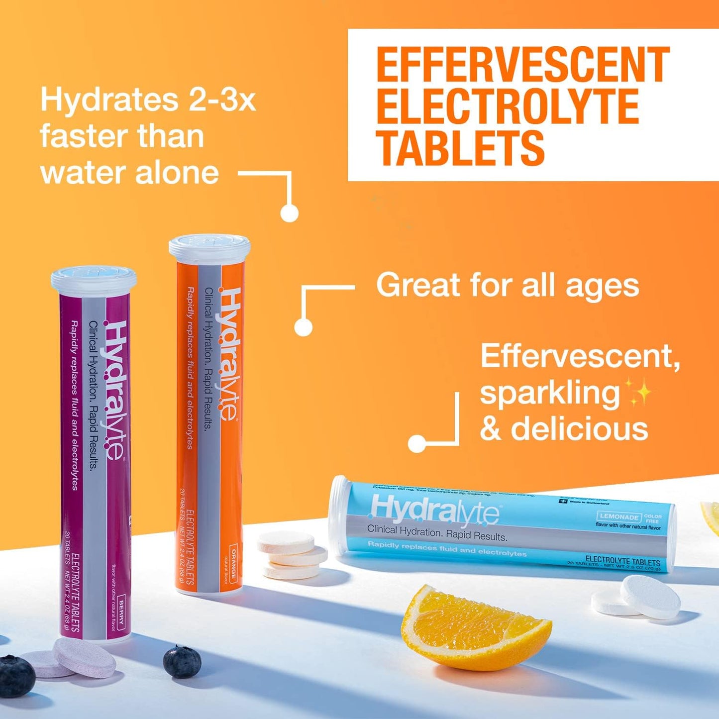 Hydralyte Electrolyte Tablets - Orange Flavor | Ideal for Bachelorette Parties, Workouts, and Travel | 10 Servings, 20 Tablets