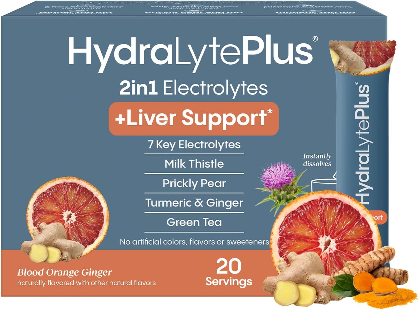 Hydralyte Liver Support Electrolyte Mix with Milk Thistle, Turmeric, Prickly Pear, Green Tea Extract for Rapid Rehydration - Blood Orange Ginger, 20 Packets
