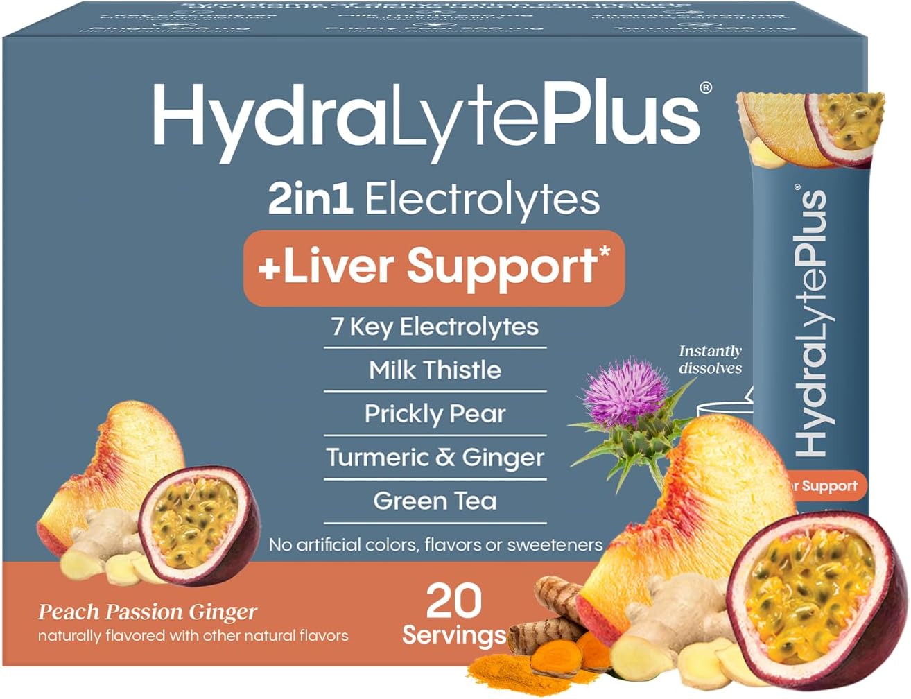Hydralyte Liver Support + Electrolyte Mix with Milk Thistle, Turmeric, Ginger, Prickly Pear, Green Tea Extract for Rapid Rehydration - Peach Passion Ginger (20 Packets)