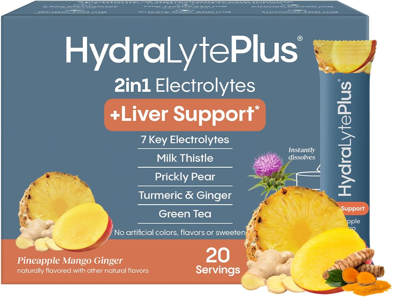 Hydralyte Liver Support + Electrolyte Mix with Milk Thistle, Turmeric, Ginger, Prickly Pear, Green Tea Extract for Rapid Rehydration - Pineapple Mango Ginger, 20 Packets