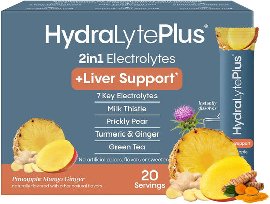 Hydralyte Liver Support + Electrolyte Mix with Milk Thistle, Turmeric, Ginger, Prickly Pear, Green Tea Extract for Rapid Rehydration - Pineapple Mango Ginger, 20 Packets