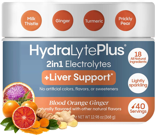 Hydralyte Liver Support + Electrolyte Mix with Milk Thistle & Turmeric for Rapid Rehydration (Blood Orange Ginger, 40 Servings)