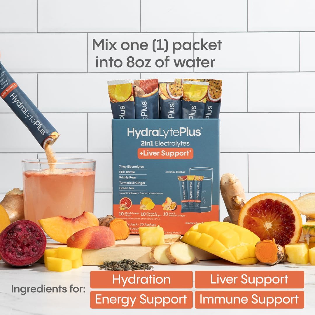 Hydralyte Liver Support Electrolyte Mix with Milk Thistle, Turmeric, Prickly Pear, Green Tea Extract for Rapid Rehydration - Blood Orange Ginger, 20 Packets