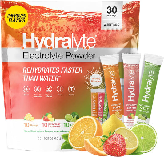 Hydralyte Low Sugar Electrolyte Powder Packets - 30 Count Variety Pack for Rapid Rehydration and Hydration on the Go