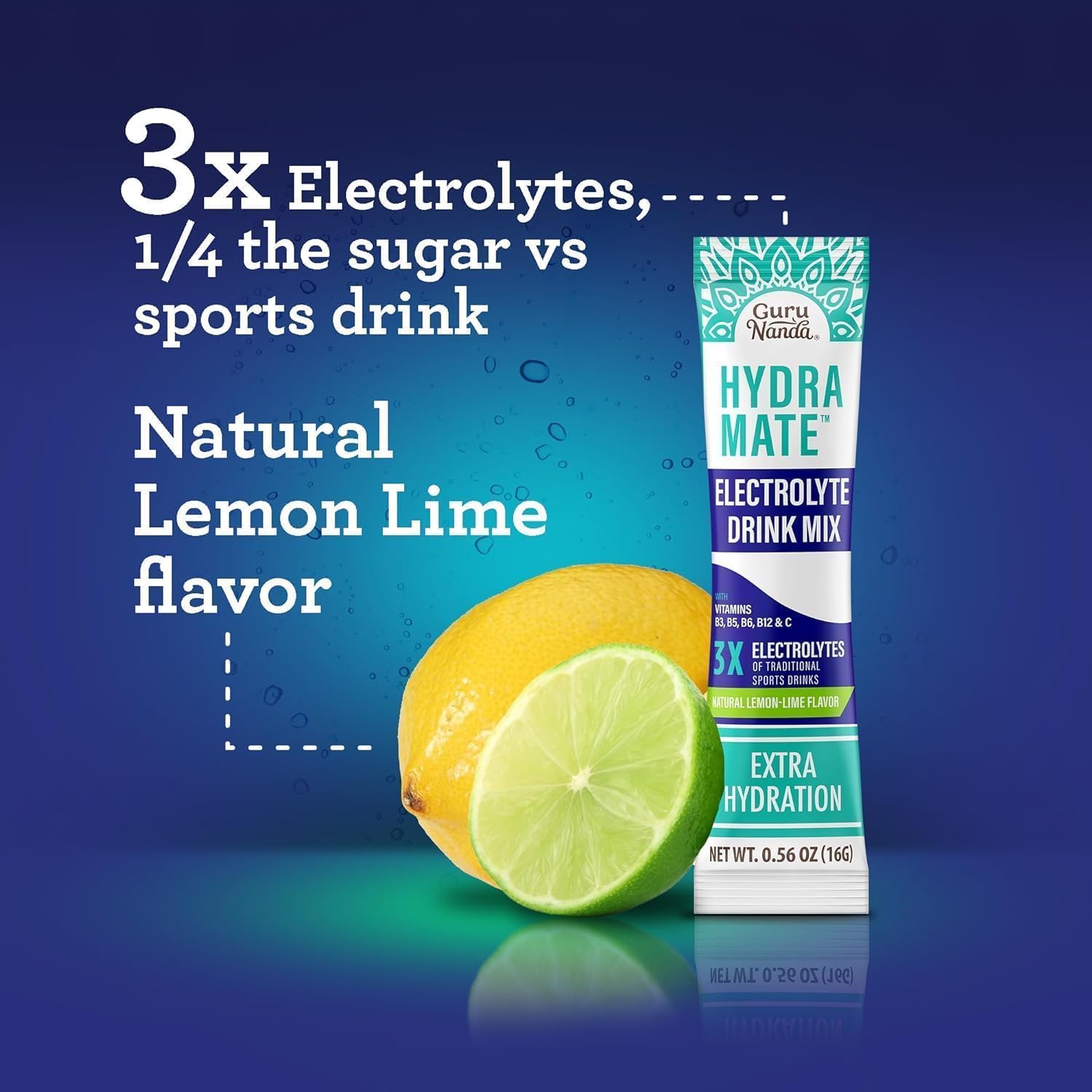 Hydramate Electrolyte Powder Packets for Hydration & Energy - Natural Lemon Lime Flavor - 12 Pack (0.56 oz Each)