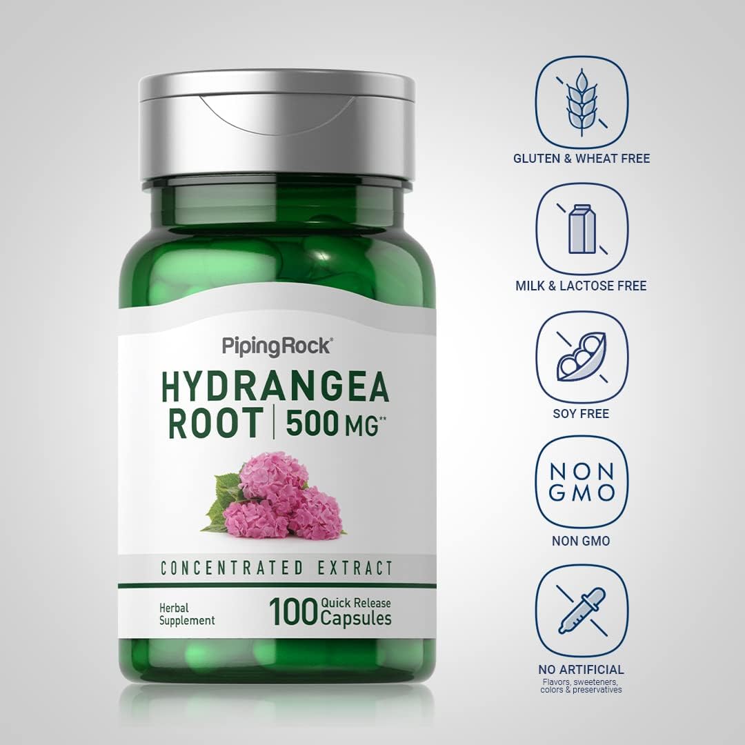 Hydrangea Root Capsules 500mg - 100 Count Concentrated Extract Supplement | Non-GMO, Gluten-Free by Piping Rock