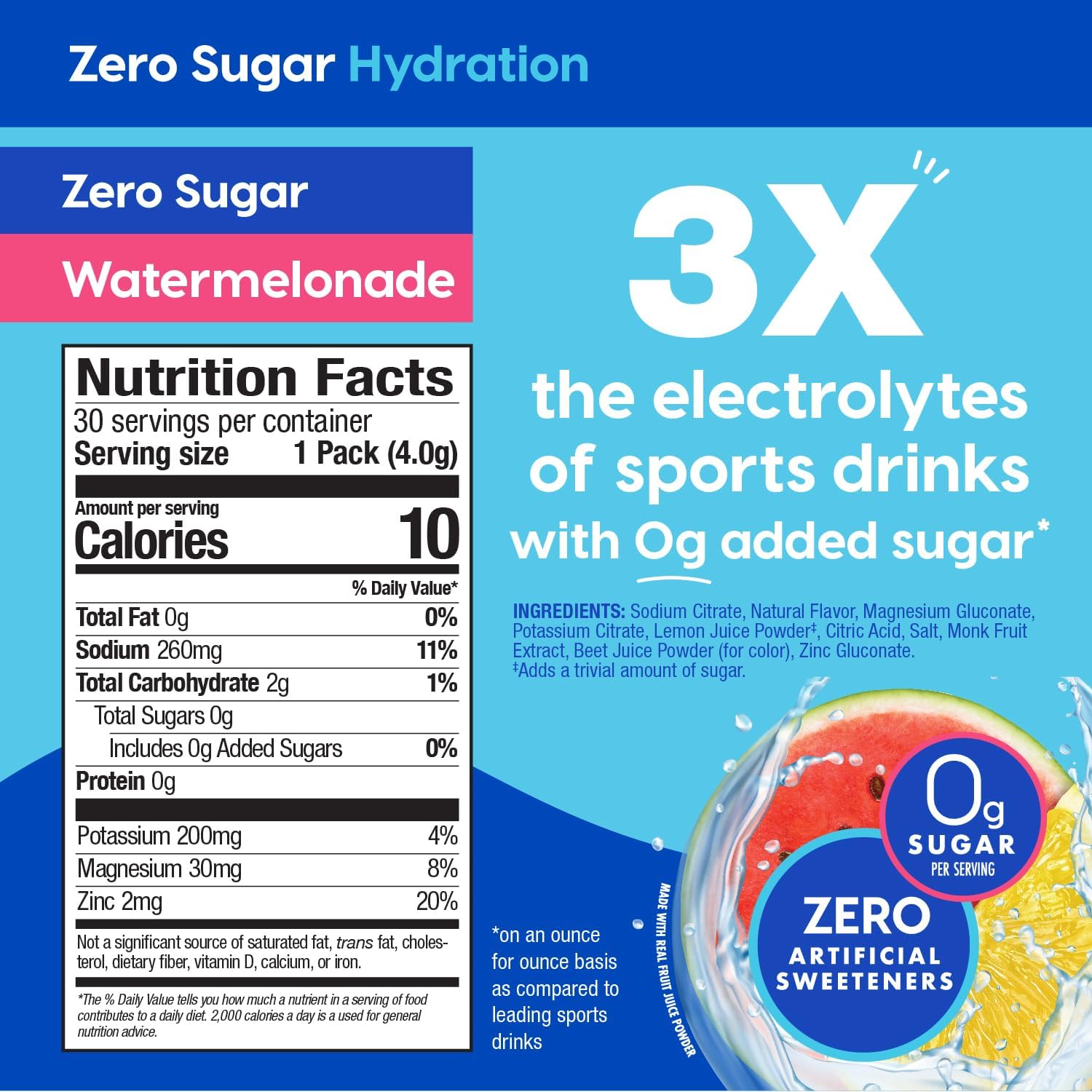 Hydrant Hydrate Powder Packets - Watermelonade Flavor, No Added Sugar, Zero Sugar, FSA & HSA Eligible, 30 Count