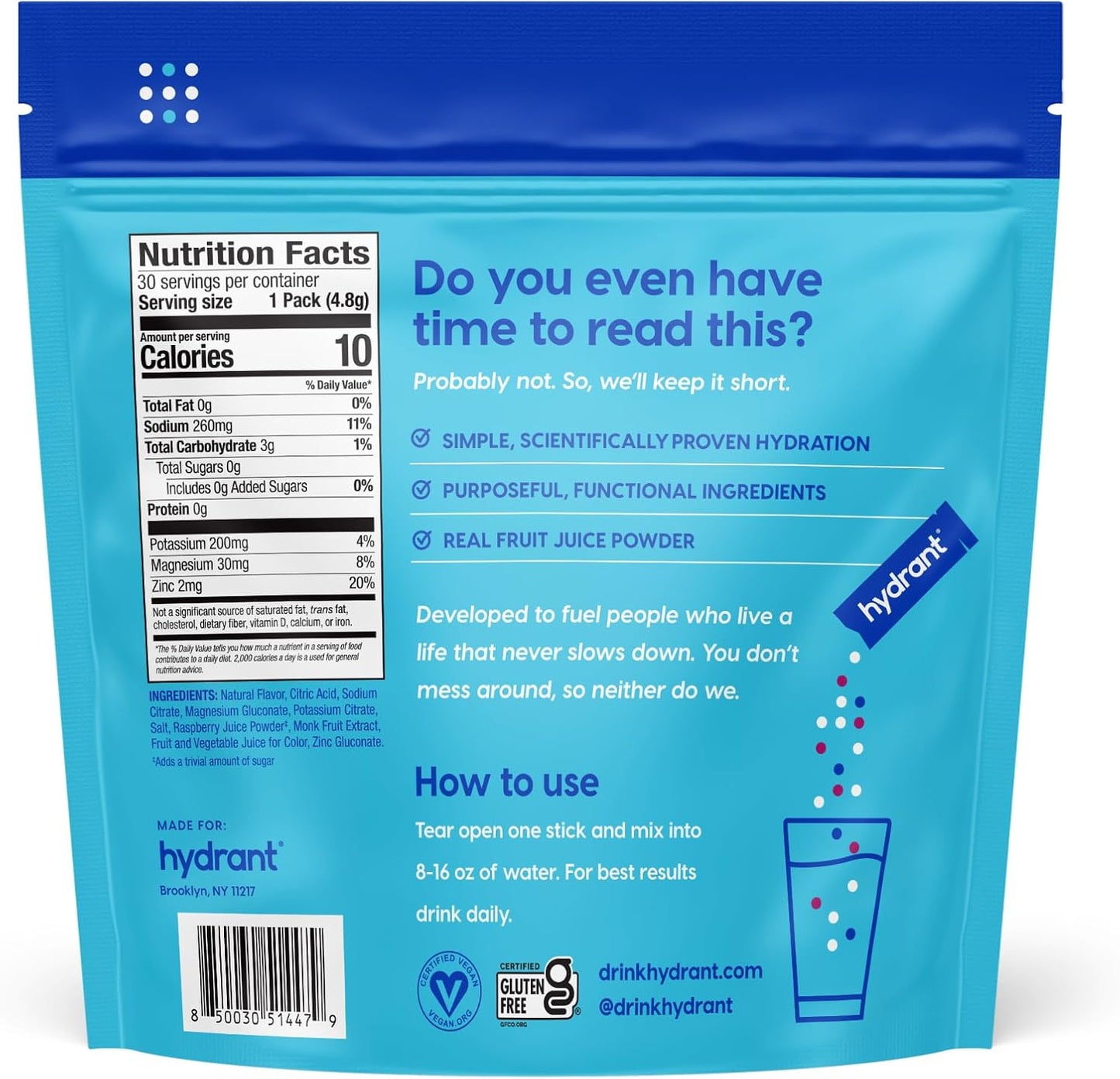 Hydrant Hydrate Powder Packets - Watermelonade Flavor, No Added Sugar, Zero Sugar, FSA & HSA Eligible, 30 Count