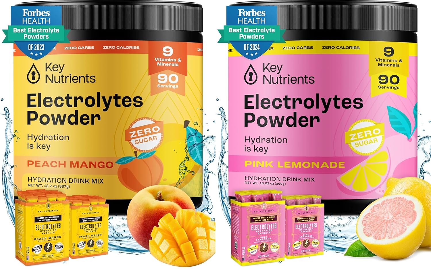 Hydrate & Recover with KEY NUTRIENTS Electrolyte Bundle - Tropical Peach Mango & Fresh Pink Lemonade, Sugar-Free, 90 Servings