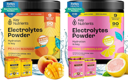 Hydrate & Recover with KEY NUTRIENTS Electrolyte Bundle - Tropical Peach Mango & Fresh Pink Lemonade, Sugar-Free, 90 Servings