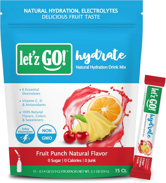 Hydrate with Let'z Go! Natural Hydration + Electrolyte Drink Mix - Antioxidant Powder Packets with Vitamins C + D, No Sugar, No Calories - Fruit Punch Flavor (15 Count)