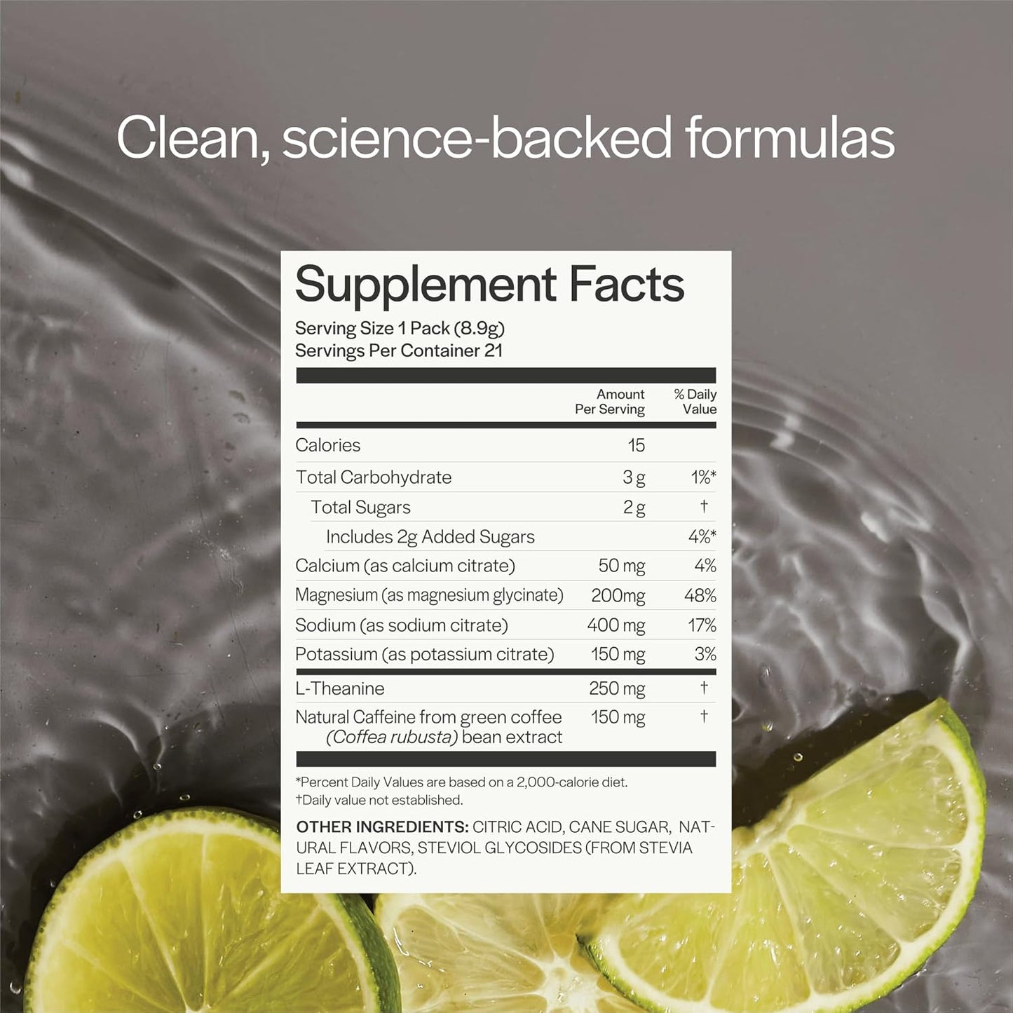 Hydrating Caffeinated Drink Mix with Electrolytes, Magnesium, Sodium, L-Theanine, Low Sugar, Lemon Lime - 21 Packets