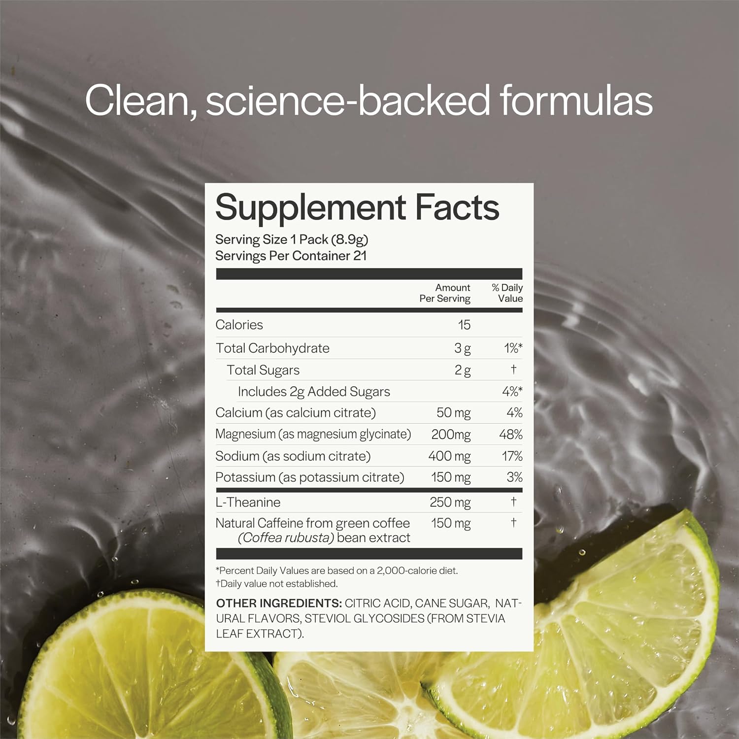 Hydrating Caffeinated Drink Mix with Electrolytes, Magnesium, Sodium, L-Theanine, Low Sugar, Lemon Lime - 21 Packets