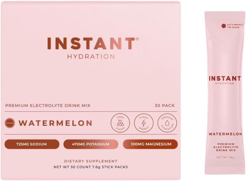 Hydrating Electrolyte Powder Packets Watermelon Flavor - Sugar-Free Keto Vegan Drink Mix - Supports Recovery, Brain Health, and Muscle - 30 Sticks