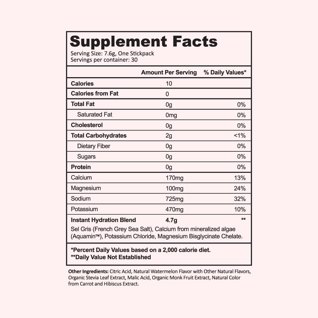 Hydrating Electrolyte Powder Packets Watermelon Flavor - Sugar-Free Keto Vegan Drink Mix - Supports Recovery, Brain Health, and Muscle - 30 Sticks