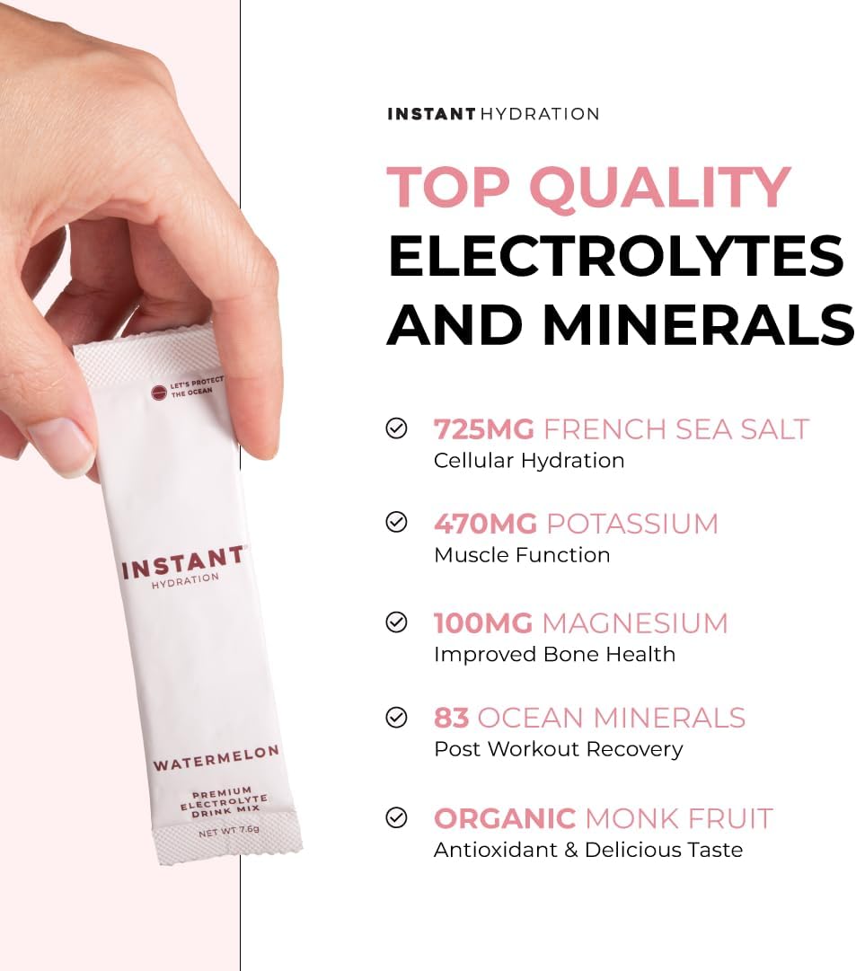 Hydrating Electrolyte Powder Packets Watermelon Flavor - Sugar-Free Keto Vegan Drink Mix - Supports Recovery, Brain Health, and Muscle - 30 Sticks