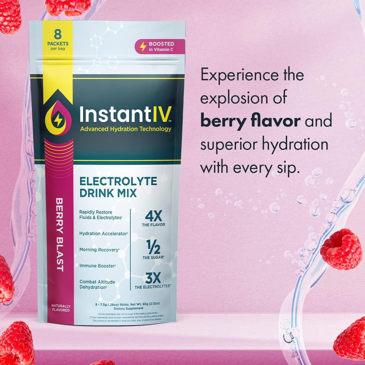 Hydrating Electrolyte Powder with Vitamin C for Immunity & Recovery - Berry Blast Flavor, Vegan & Gluten Free - 8 Packets