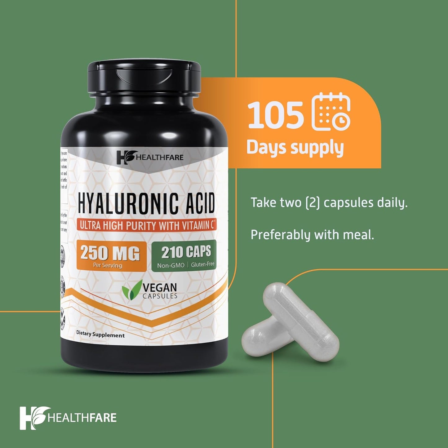 Hydrating Hyaluronic Acid Supplement 250mg - 210 Capsules with Vitamin C - Non-GMO & Gluten-Free