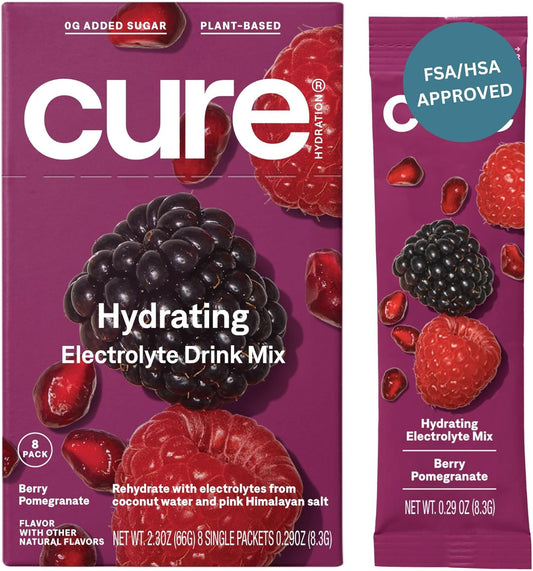 Hydrating Plant Based Electrolyte Mix Powder for Dehydration Relief - Berry Pomegranate Flavor - Non-GMO, No Added Sugar - Vegan - FSA & HSA Eligible - Box of 8 Packets