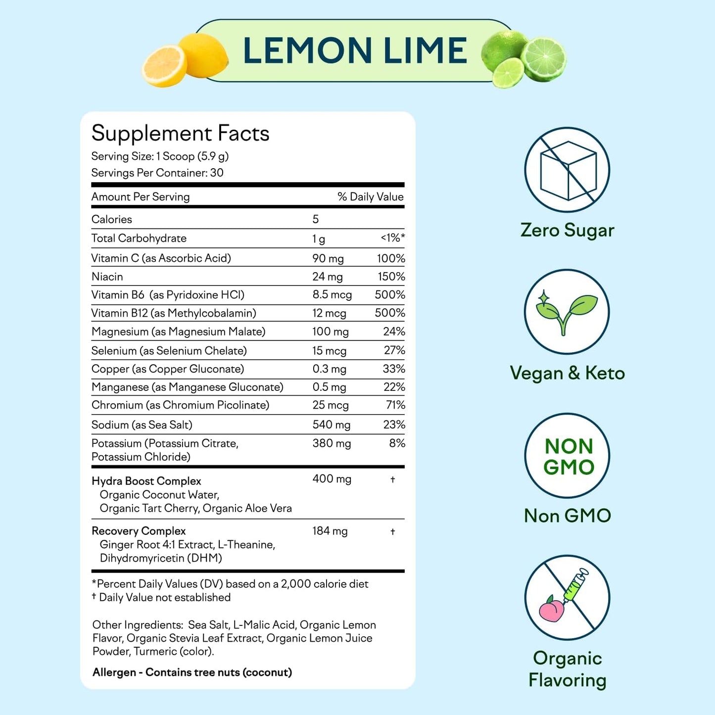 Hydration Hero Electrolytes Powder 1,000mg - Sugar Free, Magnesium, Aloe Vera, L-Theanine, Vitamin C & B12 - Non GMO, Keto, Vegan - Lemon Lime - 30 Servings