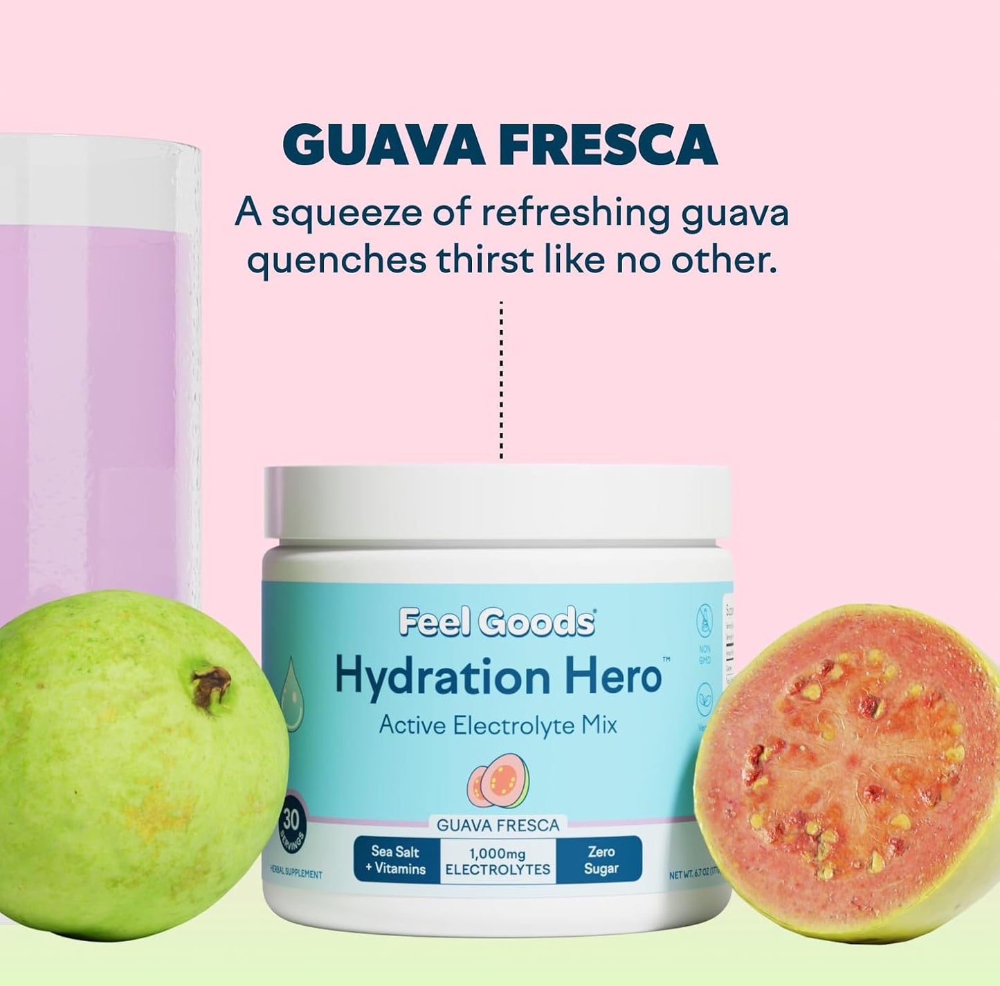 Hydration Hero Powder with 1,000mg Electrolytes, Magnesium, Aloe Vera, L Theanine, Vitamin C & B12, Non GMO, Guava Fresca Flavor, 30 Servings
