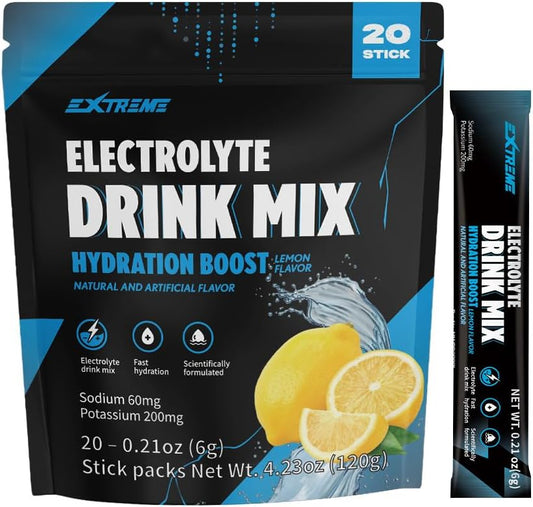 Hydration Powder Mix - Electrolyte Drink with 60mg Sodium, 200mg Potassium, Taurine, Zero Sugar, Zero Caffeine, Non GMO, Gluten Free, Low Calorie, Lemon Flavor - 20 Packets (20 Days)