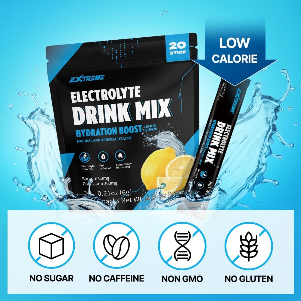 Hydration Powder Mix - Electrolyte Drink with 60mg Sodium, 200mg Potassium, Taurine, Zero Sugar, Zero Caffeine, Non GMO, Gluten Free, Low Calorie, Lemon Flavor - 20 Packets (20 Days)