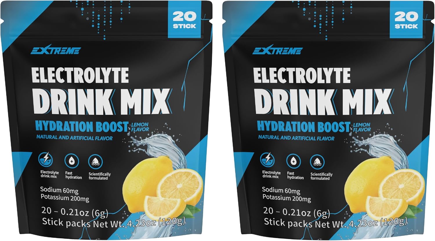 Hydration Powder Mix - Electrolyte Drink with 60mg Sodium, 200mg Potassium, Taurine, Zero Sugar, Zero Caffeine, Non GMO, Gluten Free, Low Calorie, Lemon Flavor - 20 Packets (20 Days)