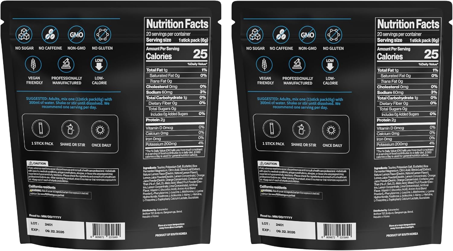 Hydration Powder Mix - Electrolyte Drink with 60mg Sodium, 200mg Potassium, Taurine, Zero Sugar, Zero Caffeine, Non GMO, Gluten Free, Low Calorie, Lemon Flavor - 20 Packets (20 Days)