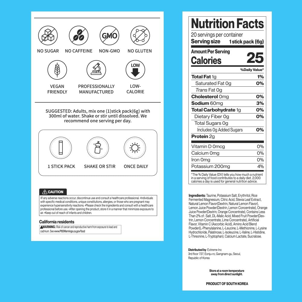 Hydration Powder Mix - Electrolyte Drink with 60mg Sodium, 200mg Potassium, Taurine, Zero Sugar, Zero Caffeine, Non GMO, Gluten Free, Low Calorie, Lemon Flavor - 20 Packets (20 Days)