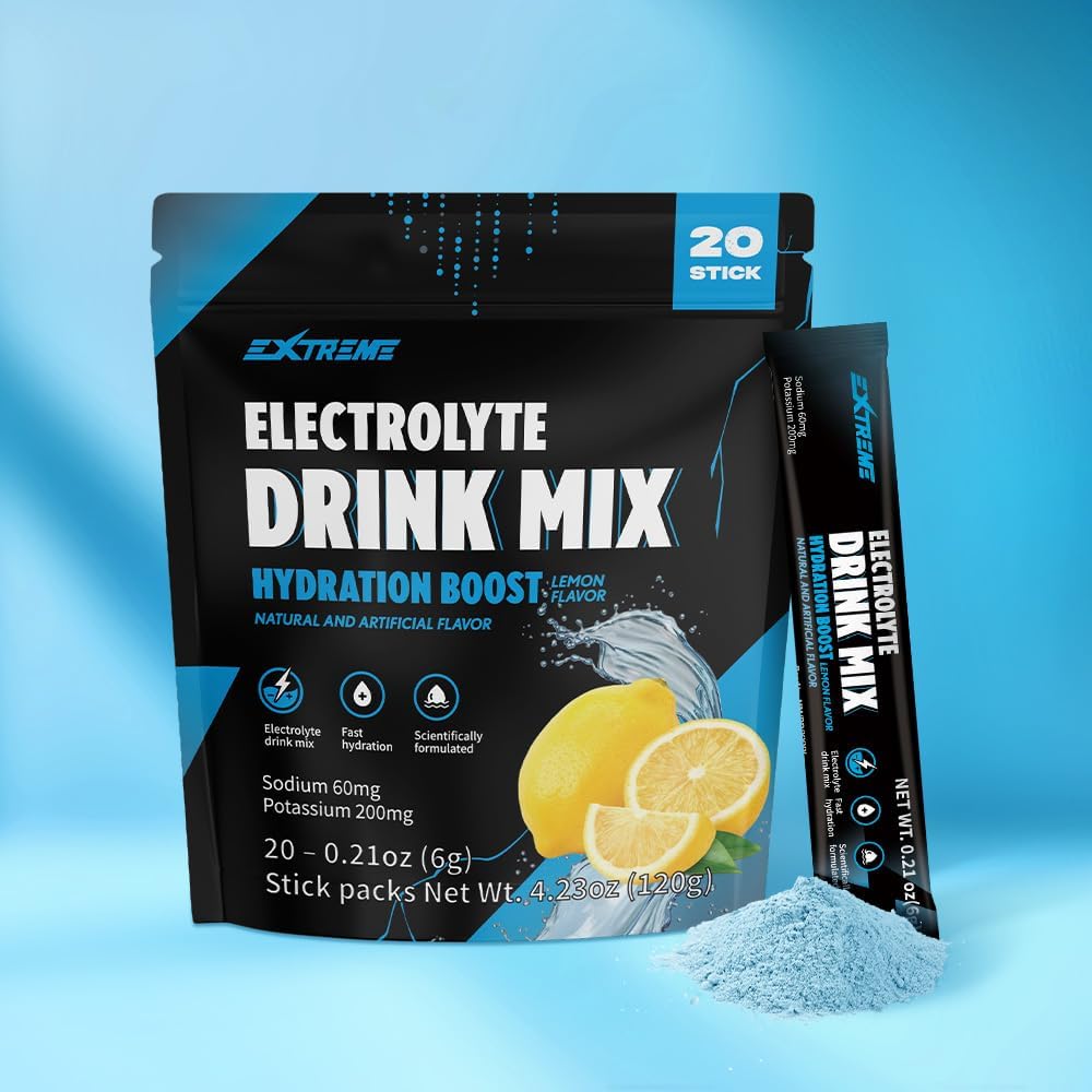 Hydration Powder Mix - Electrolyte Drink with 60mg Sodium, 200mg Potassium, Taurine, Zero Sugar, Zero Caffeine, Non GMO, Gluten Free, Low Calorie, Lemon Flavor - 20 Packets (20 Days)