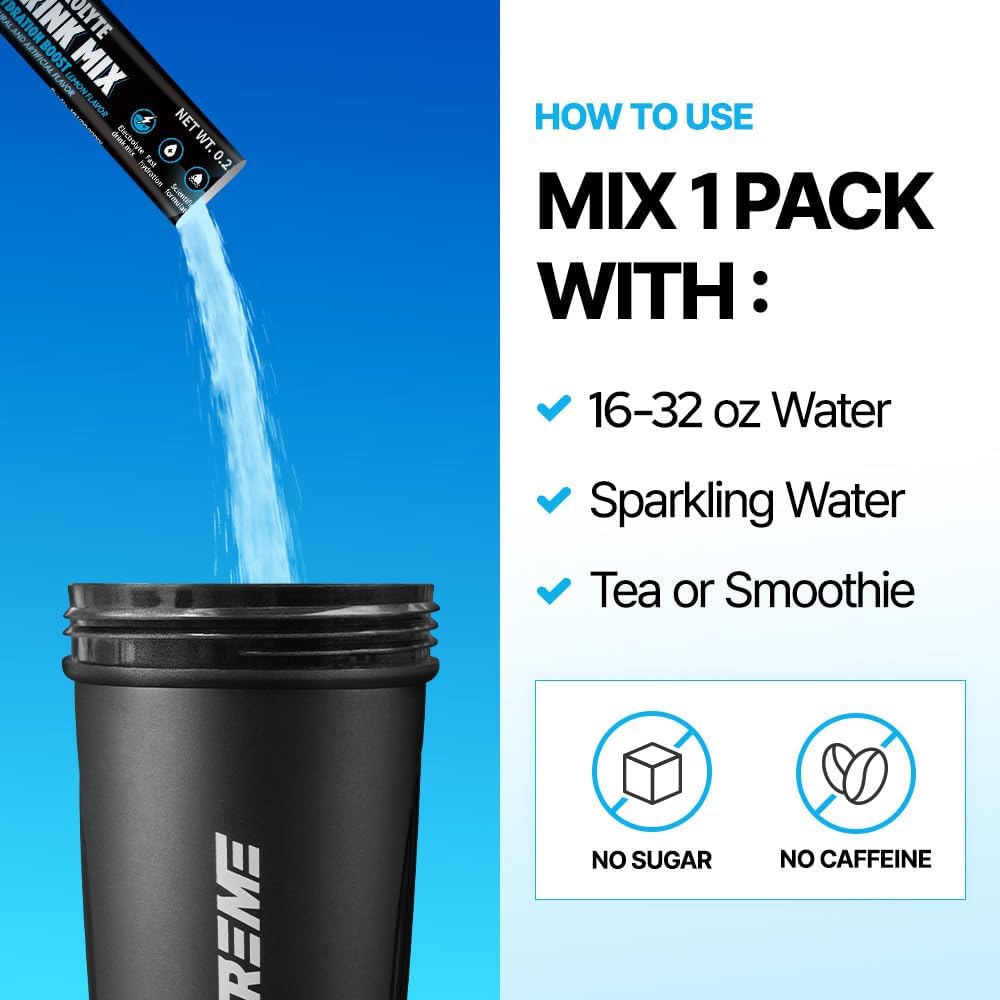 Hydration Powder Mix - Electrolyte Drink with 60mg Sodium, 200mg Potassium, Taurine, Zero Sugar, Zero Caffeine, Non GMO, Gluten Free, Low Calorie, Lemon Flavor - 20 Packets (20 Days)