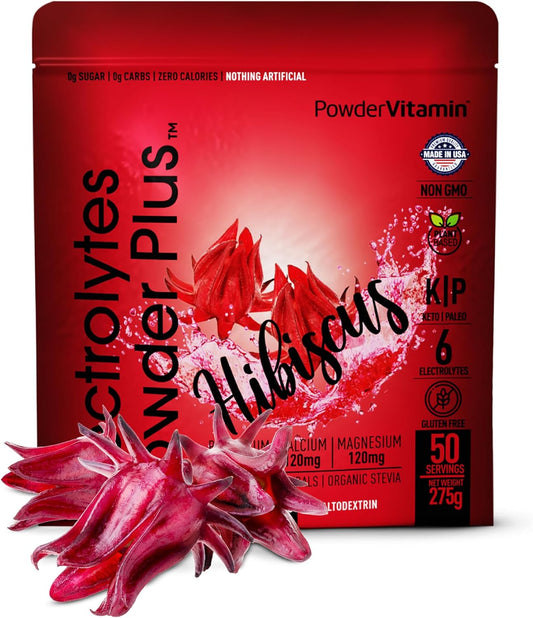 Hydration Powder with Electrolytes - 0 Calorie Keto-Friendly Hibiscus Powder with 1000mg Potassium, 120mg Calcium, 120mg Magnesium - 50 Servings