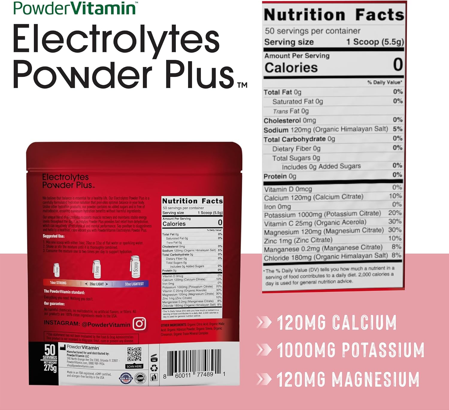 Hydration Powder with Electrolytes - 0 Calorie Keto-Friendly Hibiscus Powder with 1000mg Potassium, 120mg Calcium, 120mg Magnesium - 50 Servings