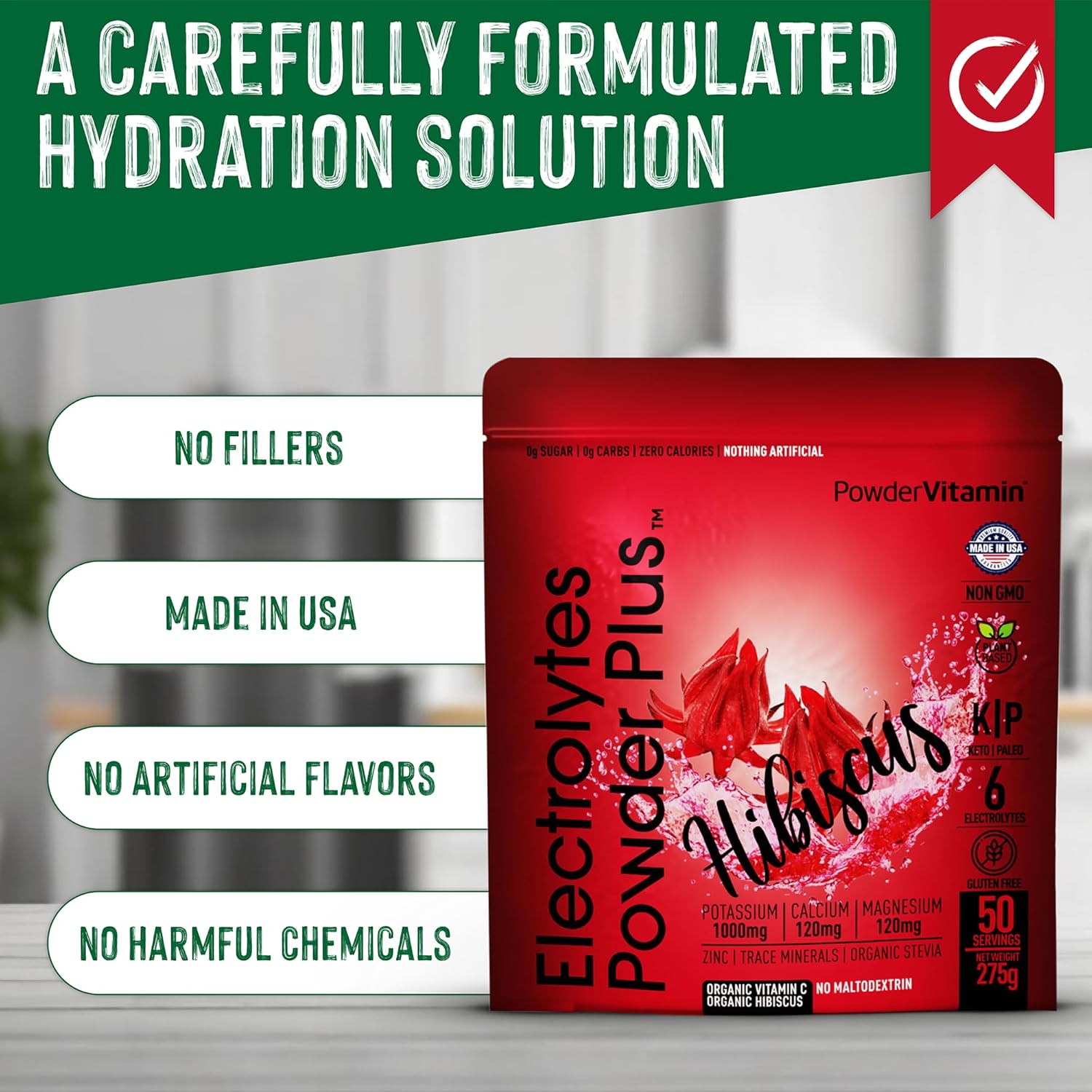 Hydration Powder with Electrolytes - 0 Calorie Keto-Friendly Hibiscus Powder with 1000mg Potassium, 120mg Calcium, 120mg Magnesium - 50 Servings