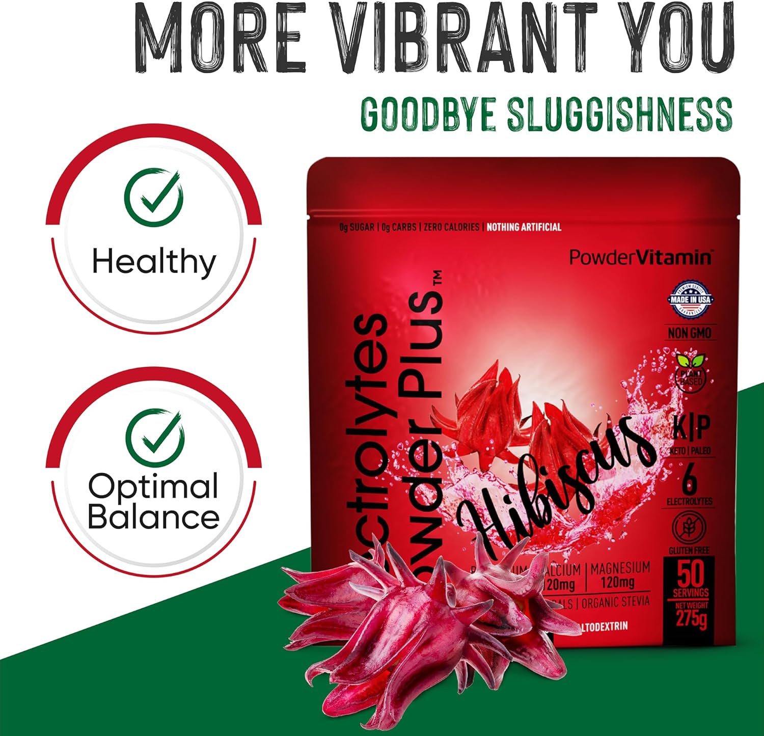 Hydration Powder with Electrolytes - 0 Calorie Keto-Friendly Hibiscus Powder with 1000mg Potassium, 120mg Calcium, 120mg Magnesium - 50 Servings