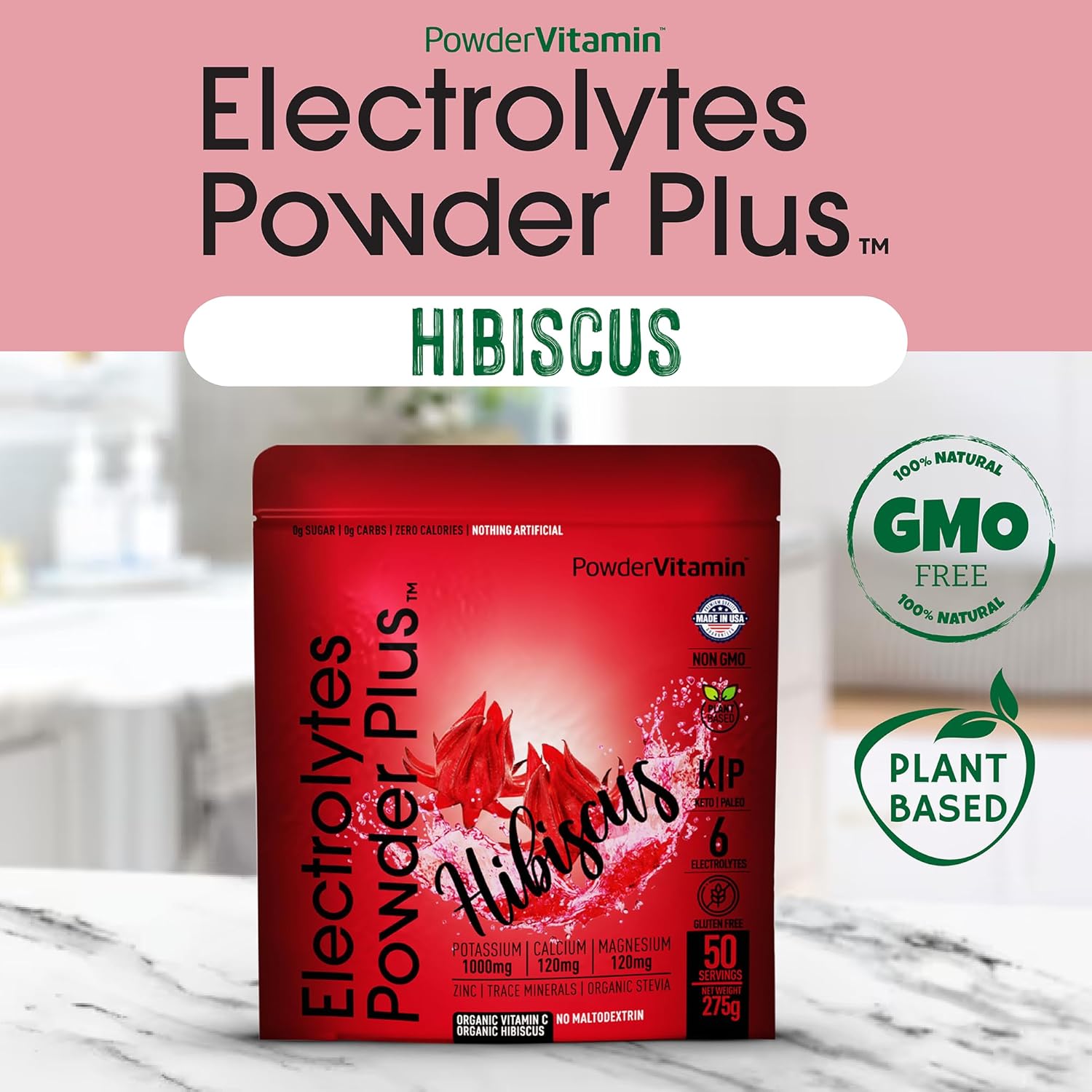 Hydration Powder with Electrolytes - 0 Calorie Keto-Friendly Hibiscus Powder with 1000mg Potassium, 120mg Calcium, 120mg Magnesium - 50 Servings