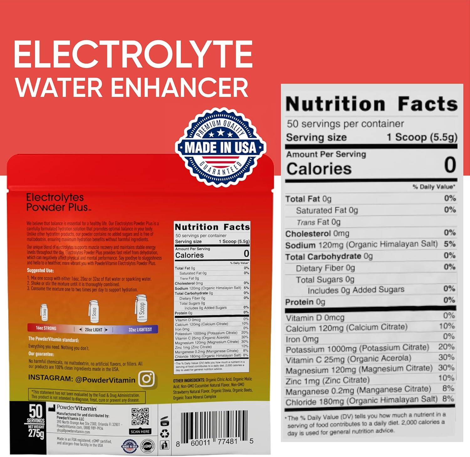 Hydration Powder with Electrolytes, 0 Calorie Keto-Friendly Powder Plus, 50 Servings - Strawberry Cucumber Flavor
