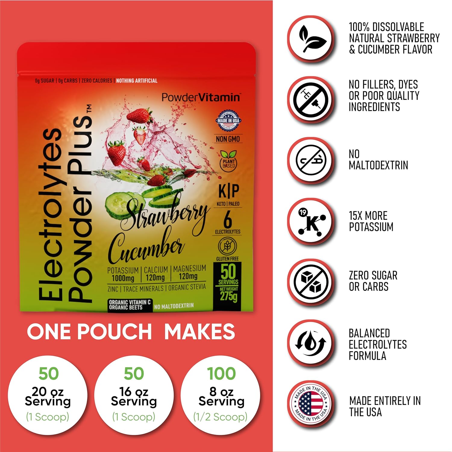 Hydration Powder with Electrolytes, 0 Calorie Keto-Friendly Powder Plus, 50 Servings - Strawberry Cucumber Flavor